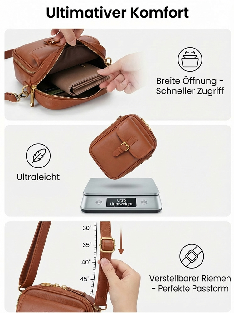 Diebstahlsichere Damen Umhängetasche aus echtem Leder – Kompakt, Sicher (RFID) & Perfekt Organisiert.Milan Fashion Week Exclusive. Weltweite Limitierung.
