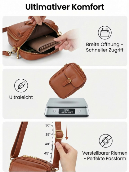 Diebstahlsichere Damen Umhängetasche aus echtem Leder – Kompakt, Sicher (RFID) & Perfekt Organisiert.Milan Fashion Week Exclusive. Weltweite Limitierung.