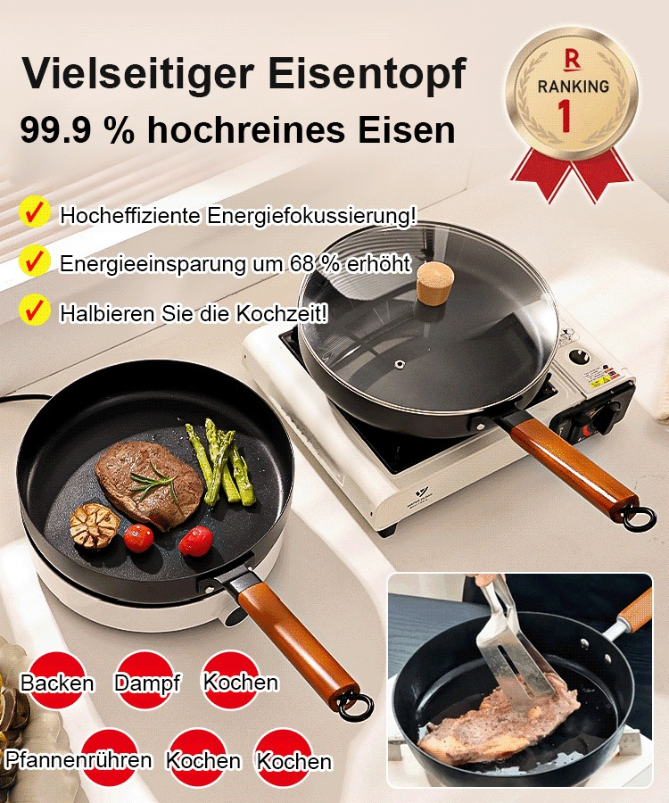 Premium Japanische Eisenpfanne 🍳100% Unbeschichtet, Kratzfest & Federleicht (Für alle Herdarten)100 % Antihaft-Effekt!