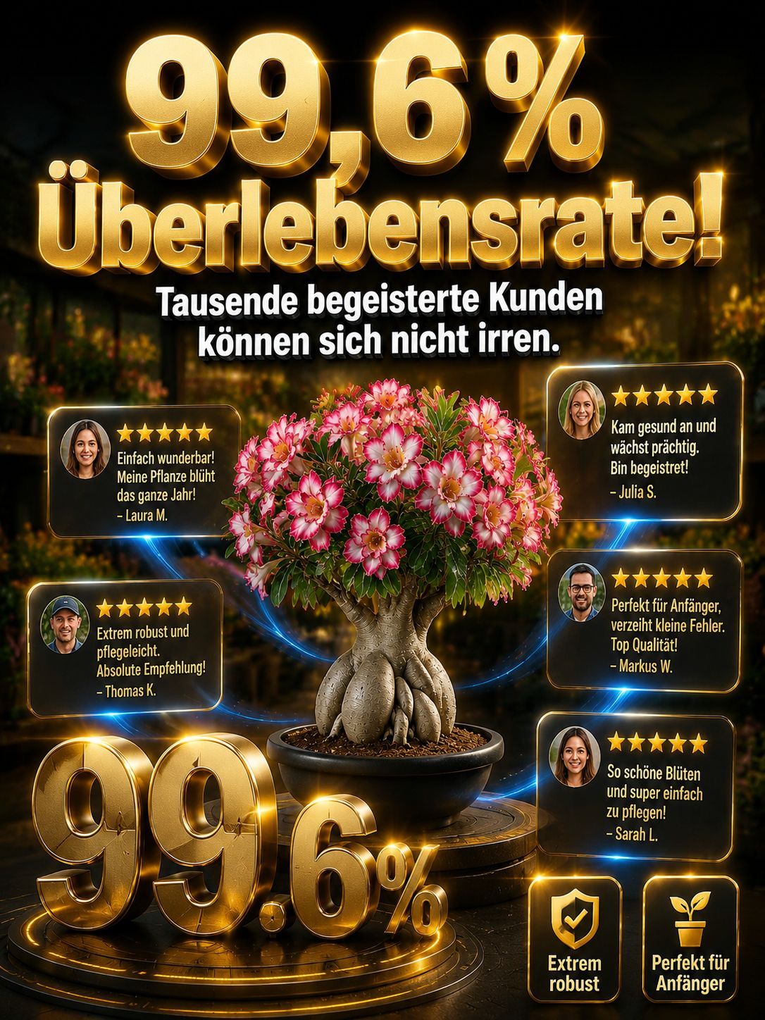  (1+1 GRATIS) Premium Wüstenrose-Knollen – Gekeimt, Winterhart, 300 Tage Blütezeit ohne Gießen.