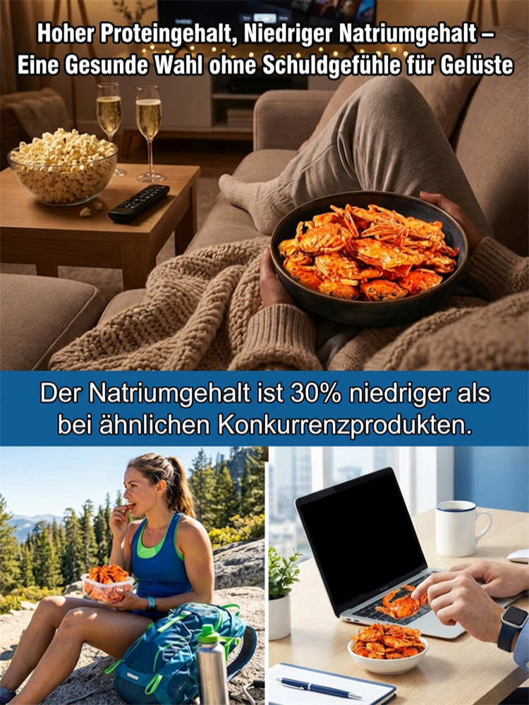 Würzige Krabben-Snacks – sofort verzehrfertig, mit hohem Eiweiß- und niedrigem Natriumgehalt.