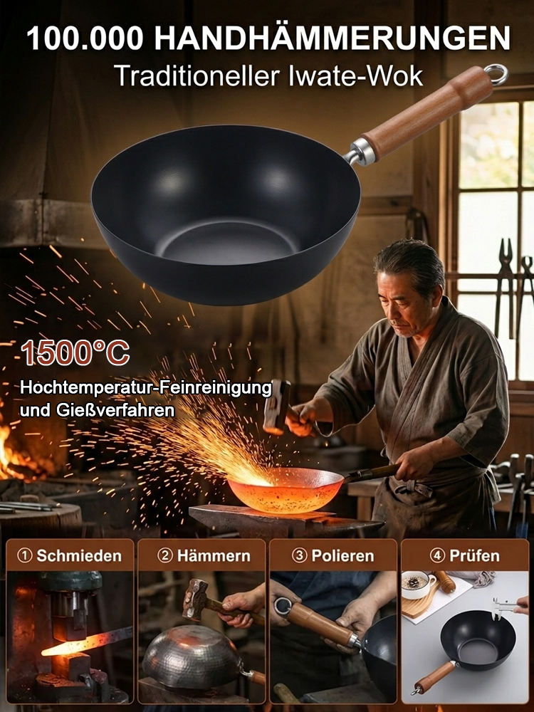 Original Japanische Iwate Meister-Pfanne (Handgehämmert) – 100% LFGB, Antihaft ohne Chemie, Kratzfest, Ultraleicht(Nur 800g)