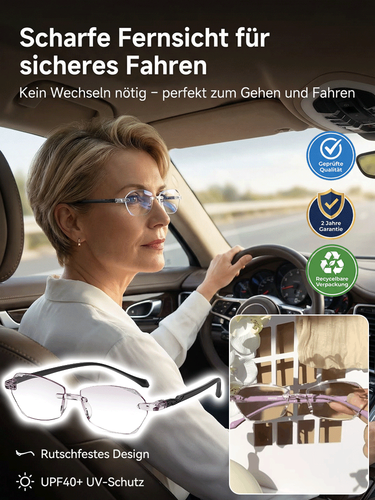 Jenaer Optik: 3-in-1 Autofokus-Gleitsichtbrille aus Luftfahrt-Titan (-7.00 bis +7.00 dpt). Lese-, Bildschirm-, Sonnenbrille.