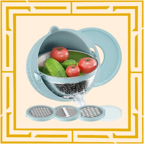 2-in-1 Rotierender Edelstahl-Schneidekorb mit Sieb für Gemüse