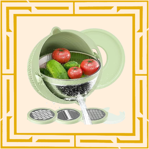 2-in-1 Rotierender Edelstahl-Schneidekorb mit Sieb für Gemüse