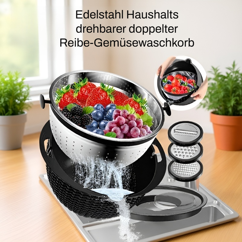 2-in-1 Rotierender Edelstahl-Schneidekorb mit Sieb für Gemüse