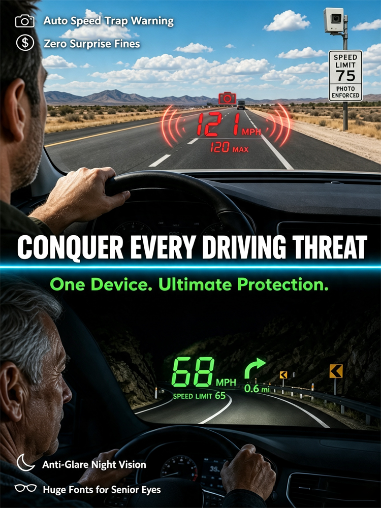 🚗AI head-up display (HUD) with built-in car GPS to prevent speeding tickets. No installation required, plug and play.