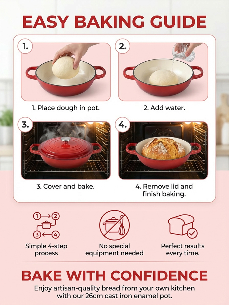 6-Quart Round Enamelled Cast Iron Bread Pan with Lid - 26cm, perfect for homemade baking 🥘🍞