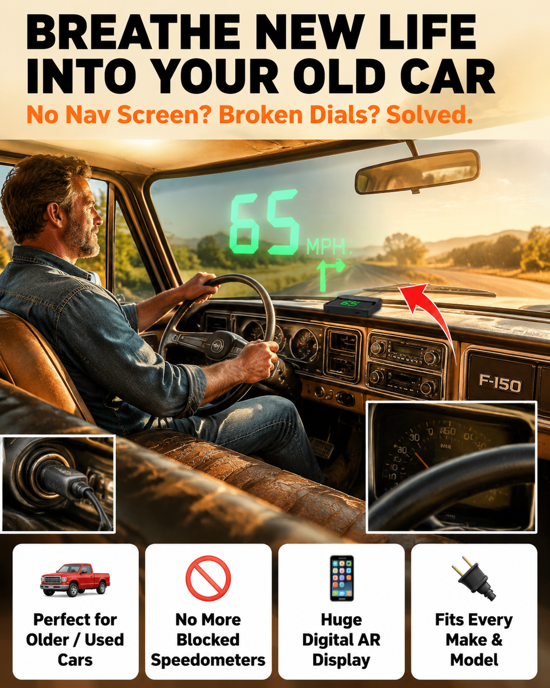 🚗AI head-up display (HUD) with built-in car GPS to prevent speeding tickets. No installation required, plug and play.