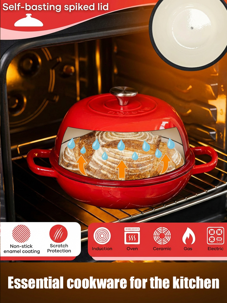 6-Quart Round Enamelled Cast Iron Bread Pan with Lid - 26cm, perfect for homemade baking 🥘🍞