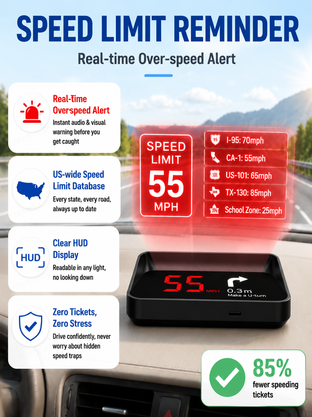 【 No Wiring】GPS Vehicle Head-Up Display Speedometer | Fighter Tech | IR Night Vision  | Real-time Speed Cam Alerts 