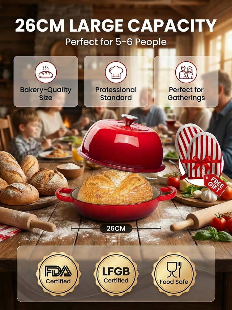 6-Quart Round Enamelled Cast Iron Bread Pan with Lid - 26cm, perfect for homemade baking 🥘🍞