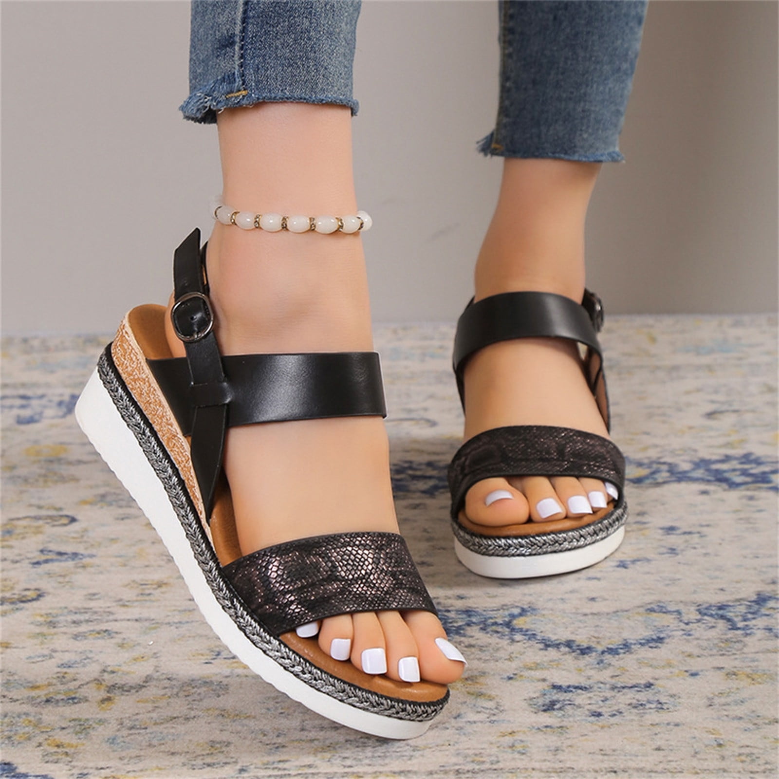 KBODIU Women's Open Toe Buckle Ankle Platform Wedge Sandals Thick Sole Sloping Heel Peep-toe Buckle One Line Casual Sandals