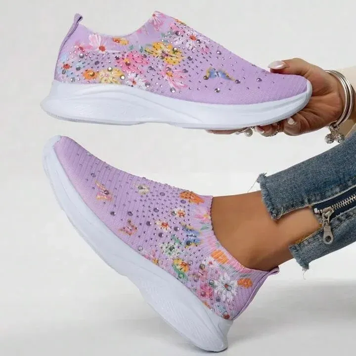 Flower Rhinestone Slip-on Sport Sneakers