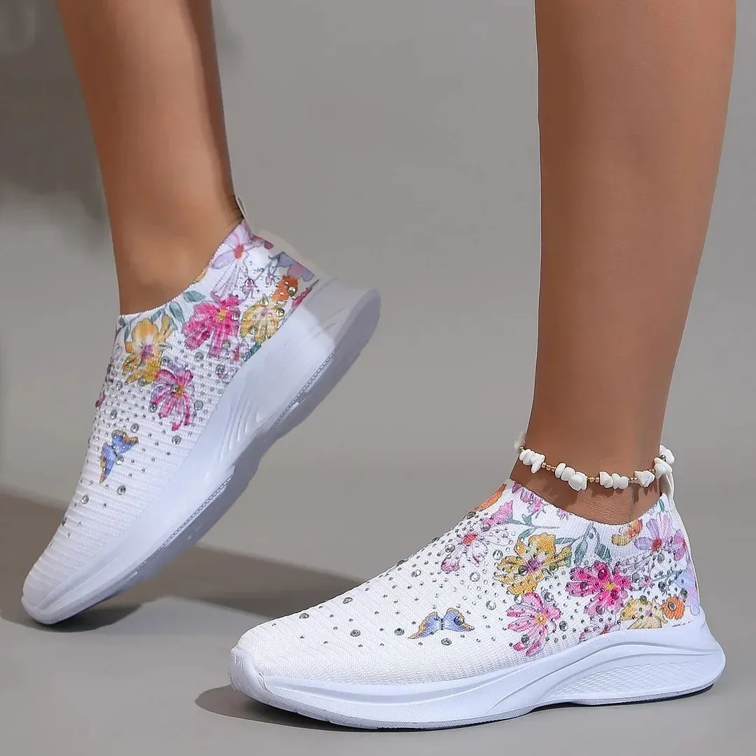 Flower Rhinestone Slip-on Sport Sneakers