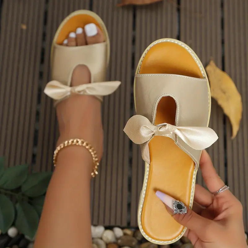 women's twist bow knot flat slippers solid color open toe 36 golden 8