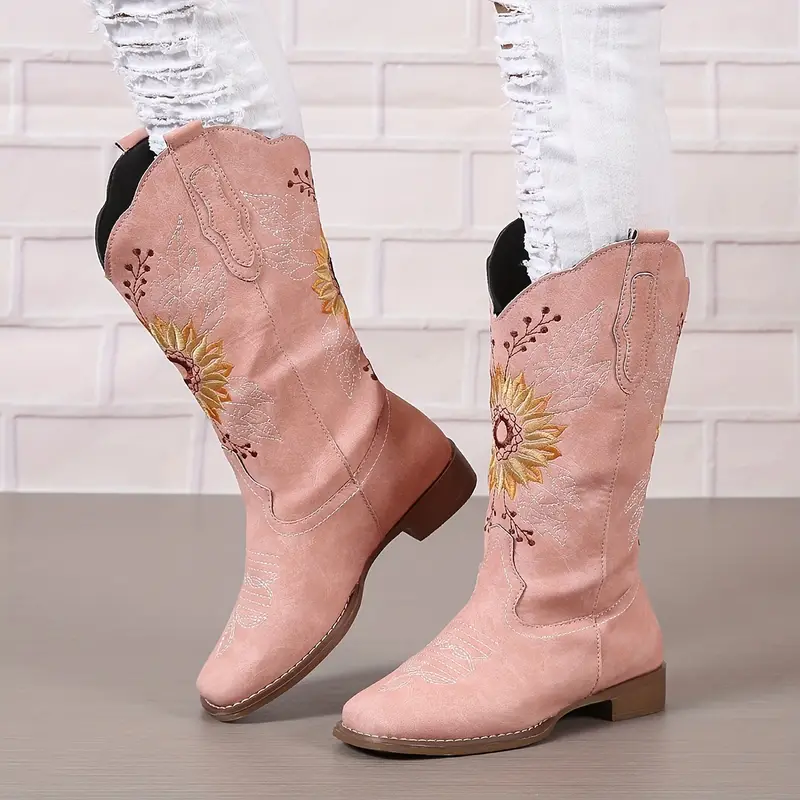 womens embroidered calf western boots faux leather fashion boots womens footwear 9