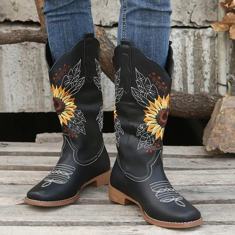 womens embroidered calf western boots faux leather fashion boots womens footwear 3
