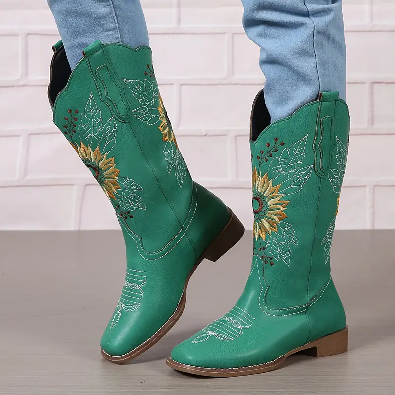 womens embroidered calf western boots faux leather fashion boots womens footwear 7