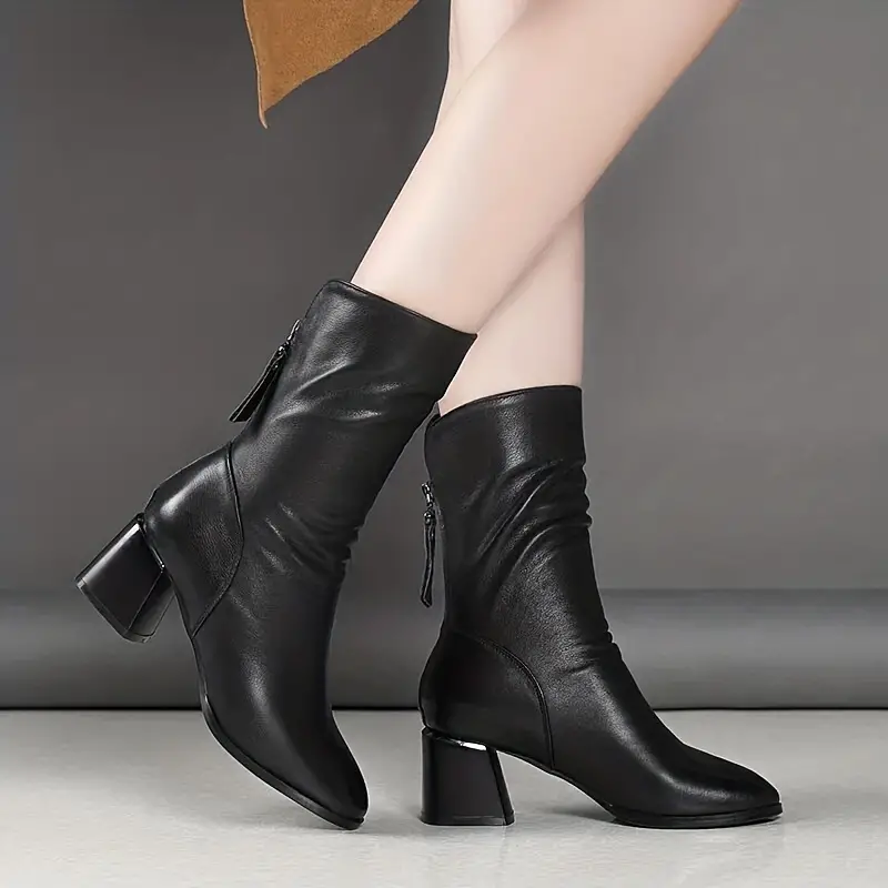 womens solid color boots back zipper chunky heel casual soft sole boots calf versatile winter shoes 3