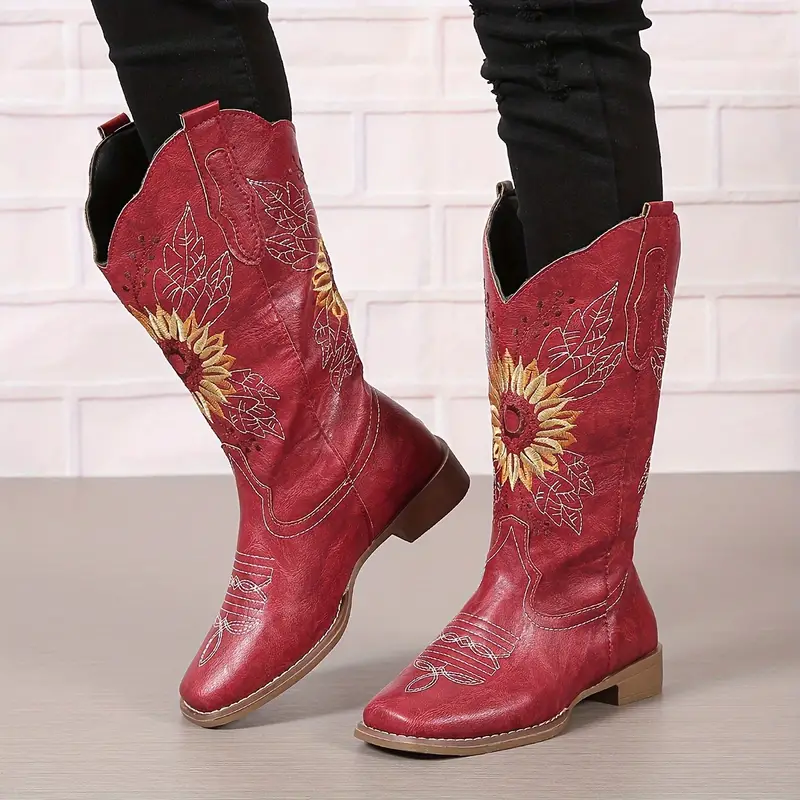 womens embroidered calf western boots faux leather fashion boots womens footwear 6