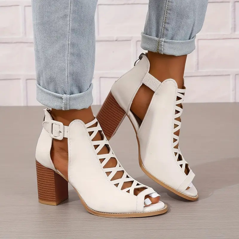 womens chunky heeled sandals peep toe cut out buckle strap stacked heels retro high heels 7