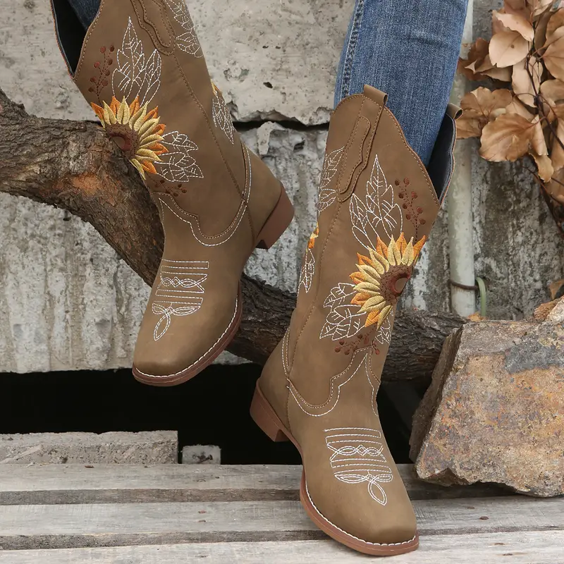 womens embroidered calf western boots faux leather fashion boots womens footwear 35 khaki 12