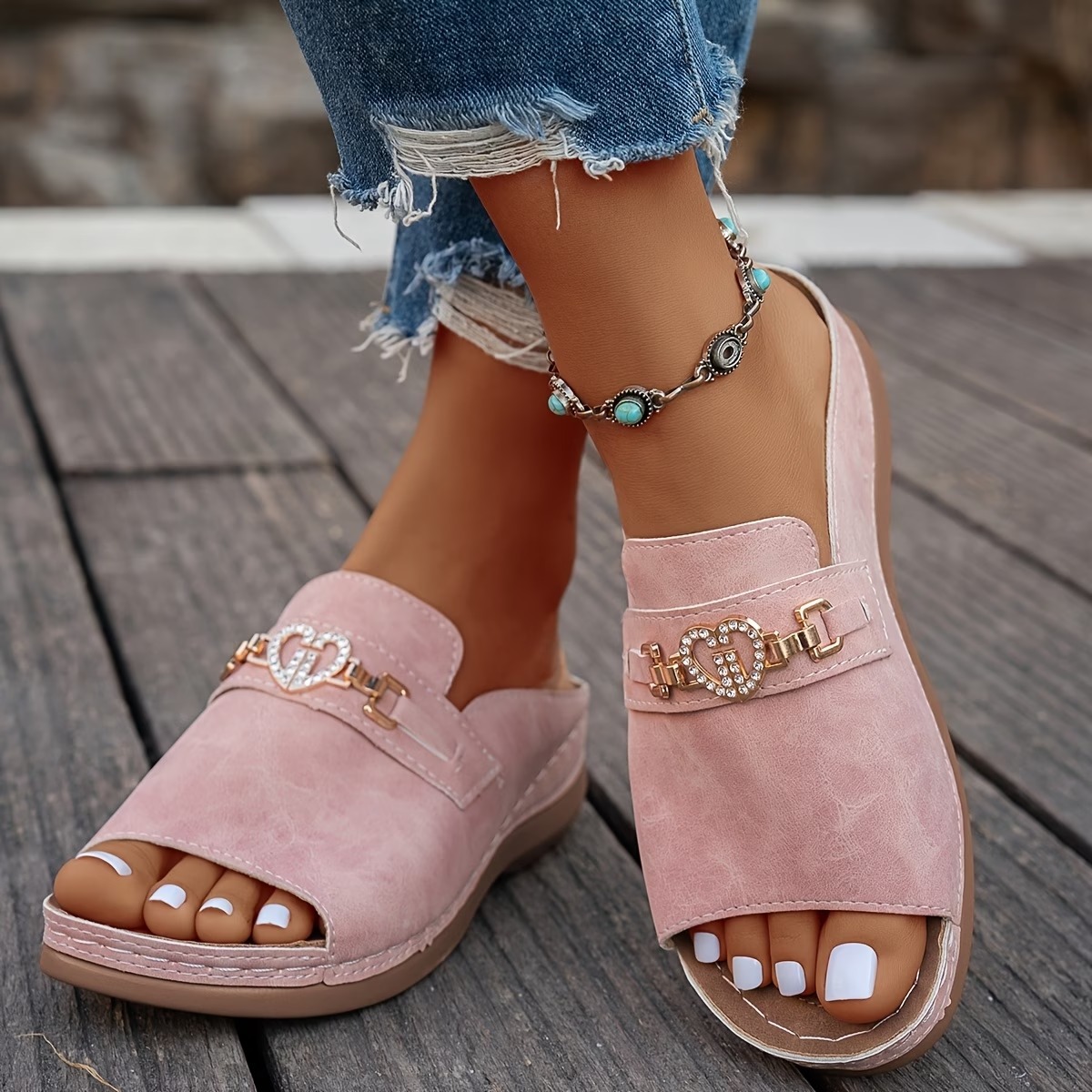 Women's Heart Rhinestone Wedge Sandals