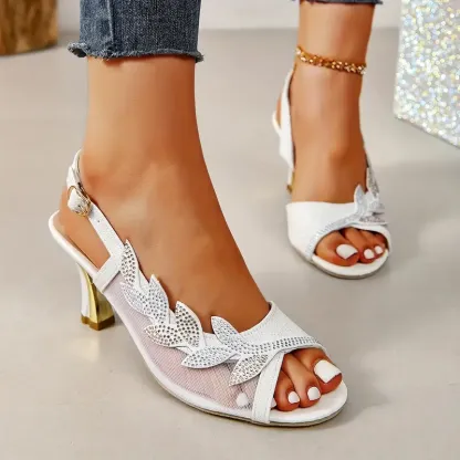 Women's Flower Rhinestone Block Heel Sandals