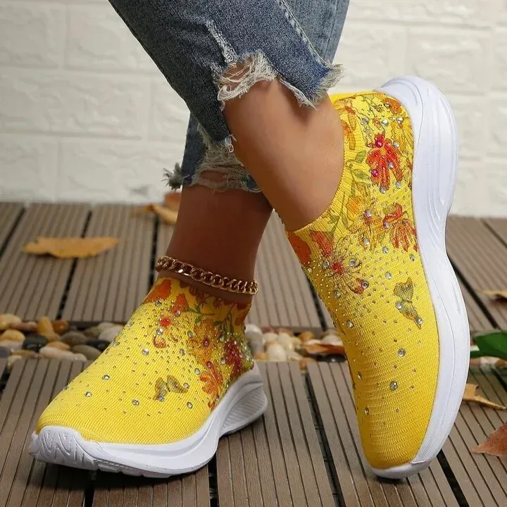 Flower Rhinestone Slip-on Sport Sneakers