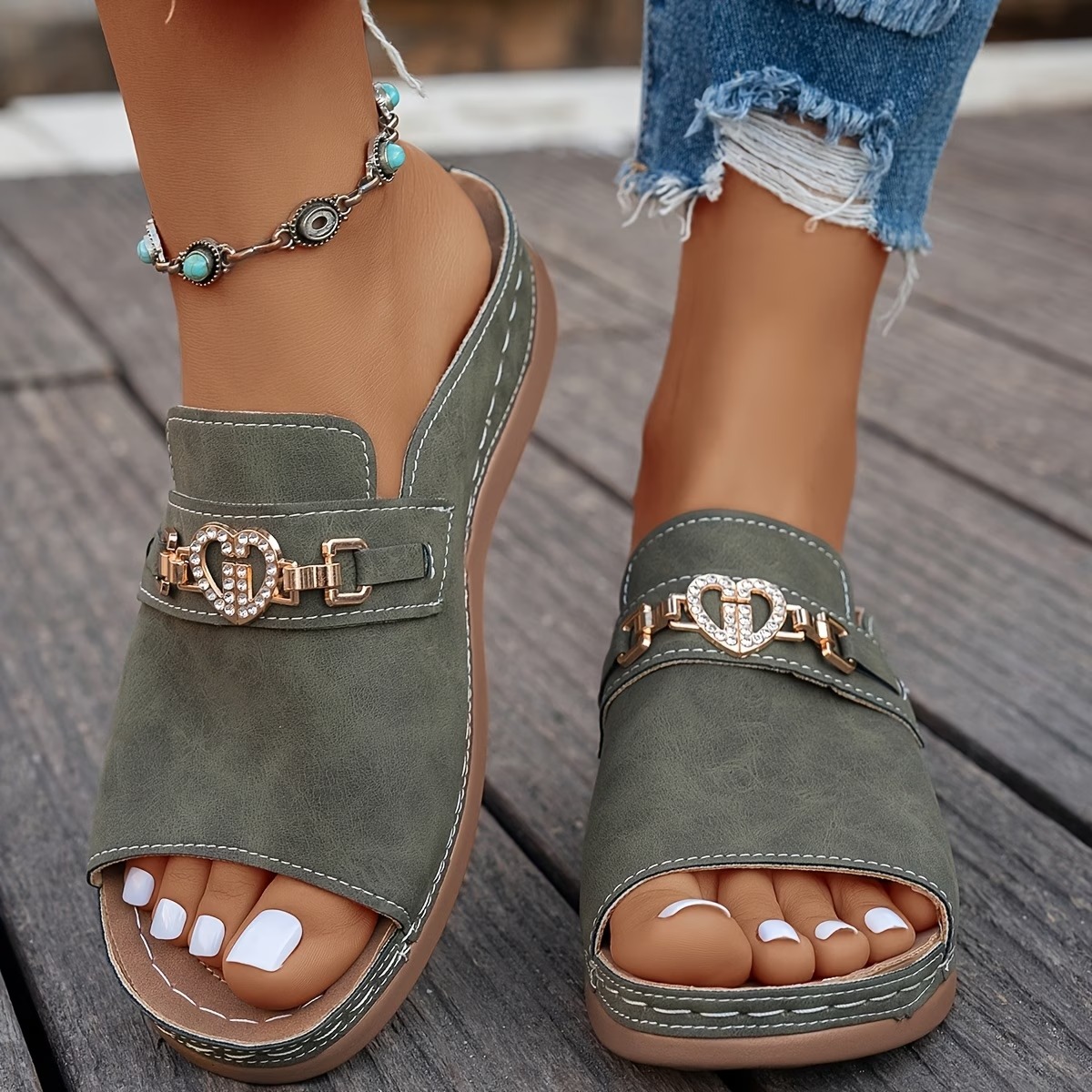 Women's Heart Rhinestone Wedge Sandals