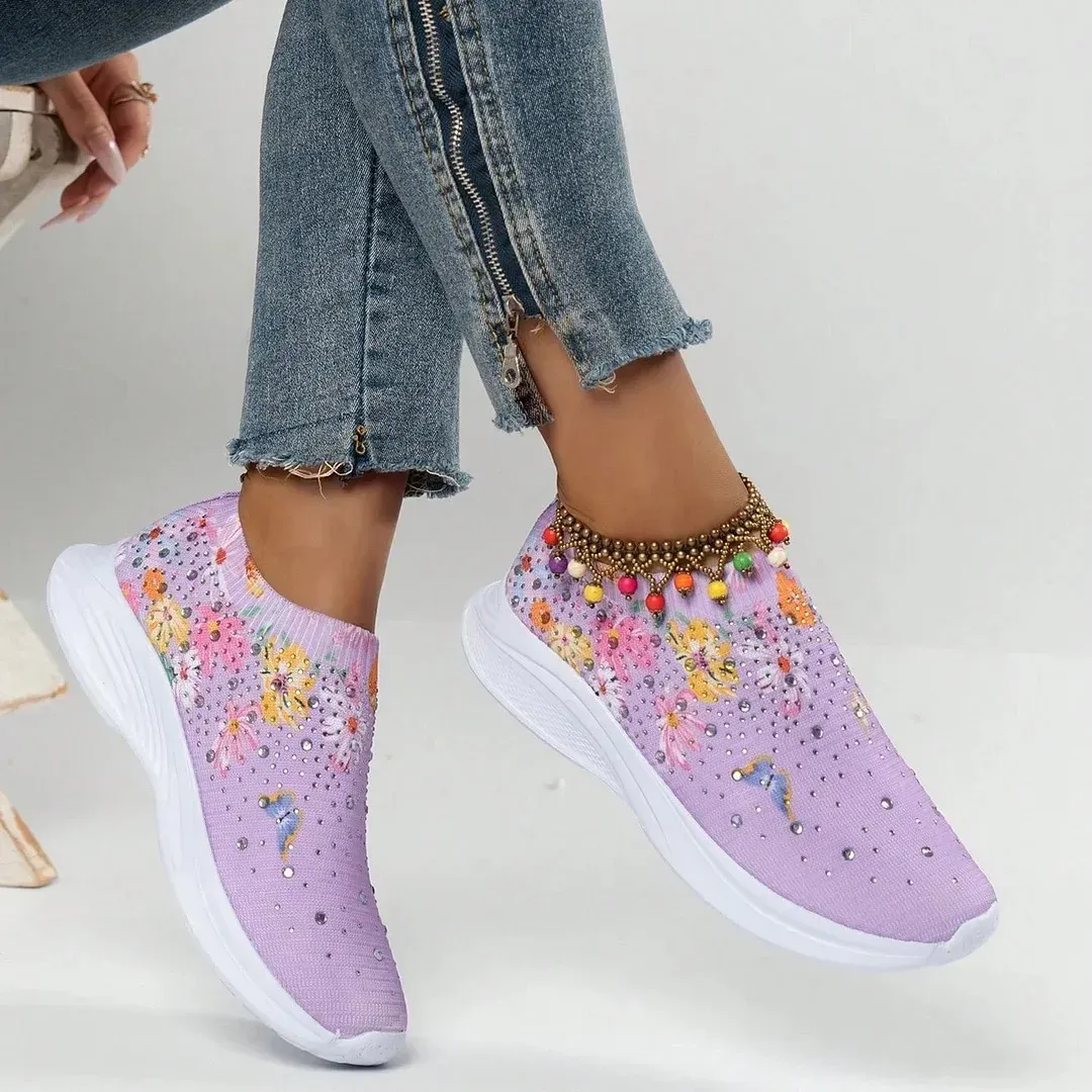 Flower Rhinestone Slip-on Sport Sneakers