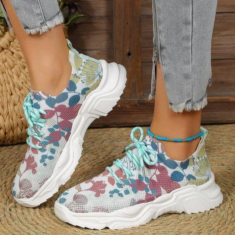 Floral Print Lace-up Breathable Orthopedic Sneakers