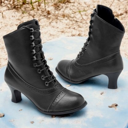 Women's Victorian Brown Lace-Up Mid-Heel Boots