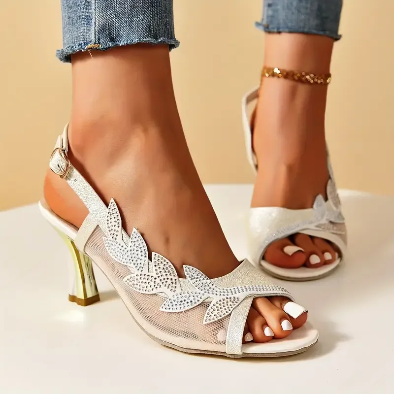 Women's Flower Rhinestone Block Heel Sandals