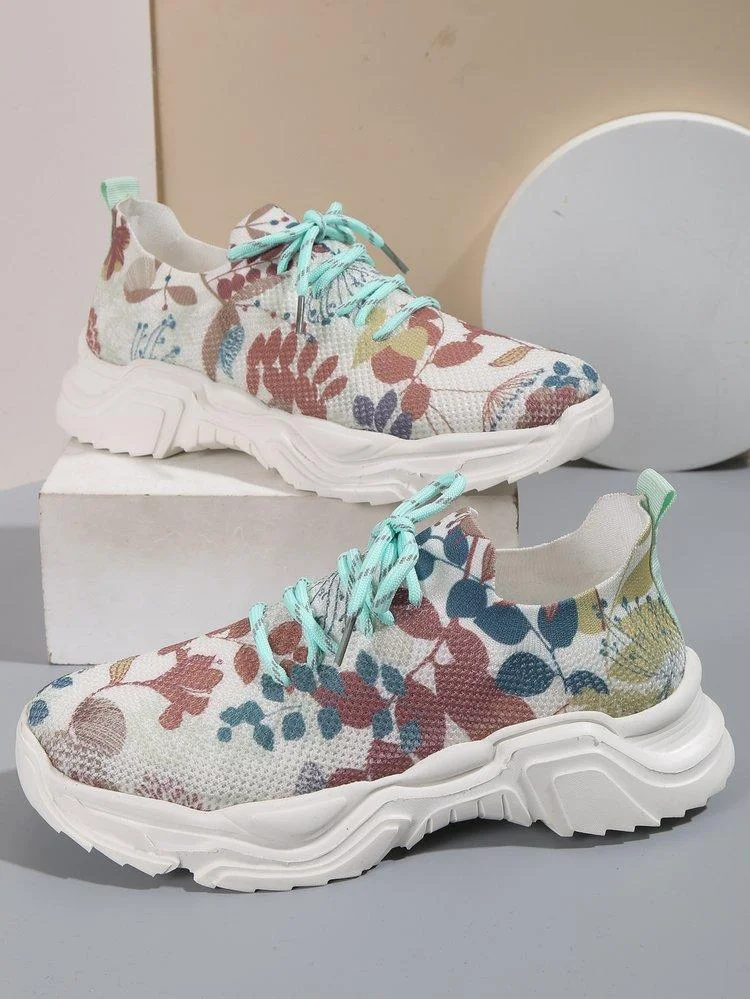 Floral Print Lace-up Breathable Orthopedic Sneakers