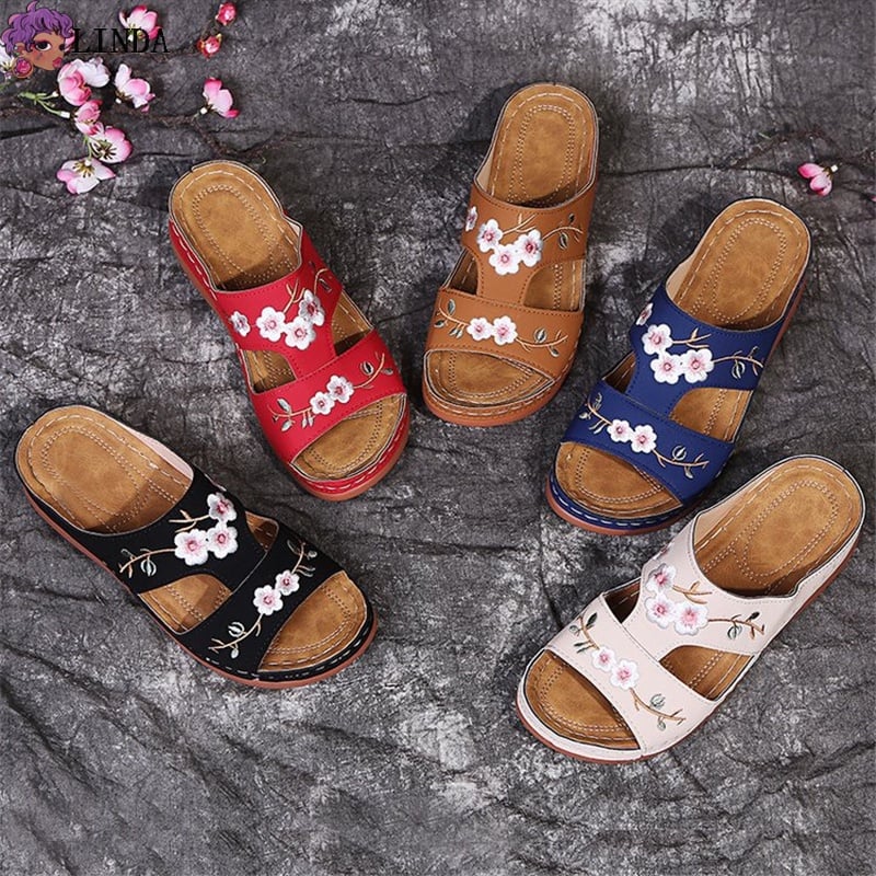 Women's Orthopedic Flower Embroidered Wedges Sandals