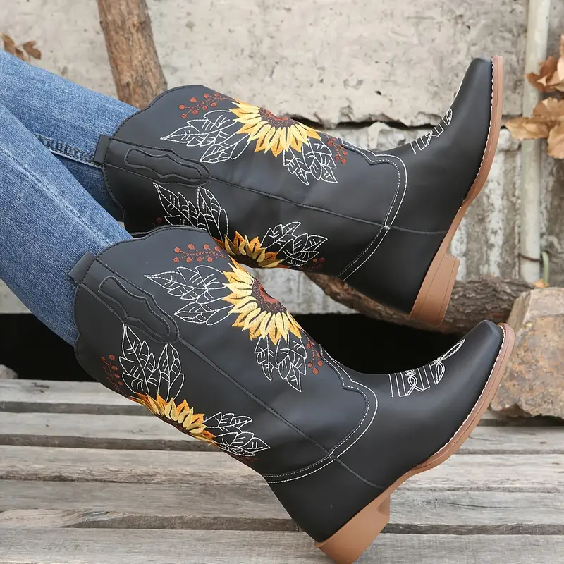 womens embroidered calf western boots faux leather fashion boots womens footwear 2