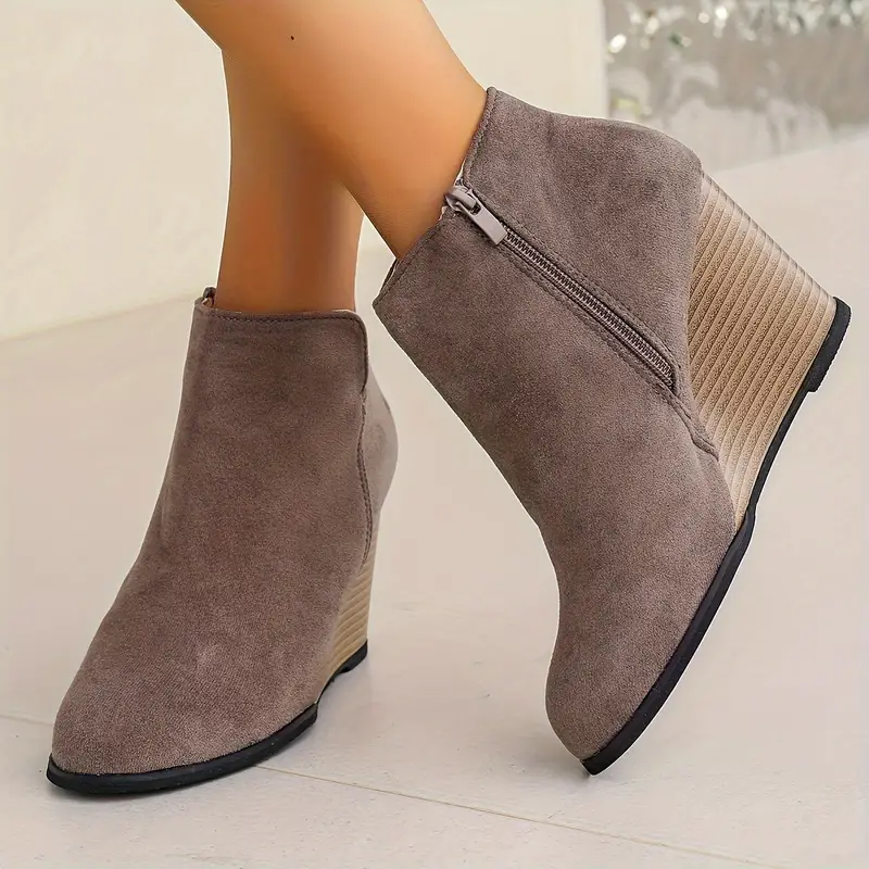womens wedge heeled ankle boots retro suedette side zipper short boots comfy v cut boots 35 dark grey 9