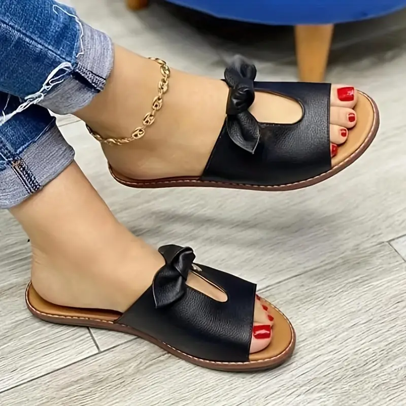 bow knot flat slippers women s twist solid color open toe 2