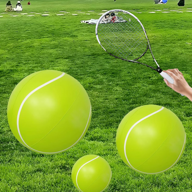 Giant bouncy tennis ball, tennis racket