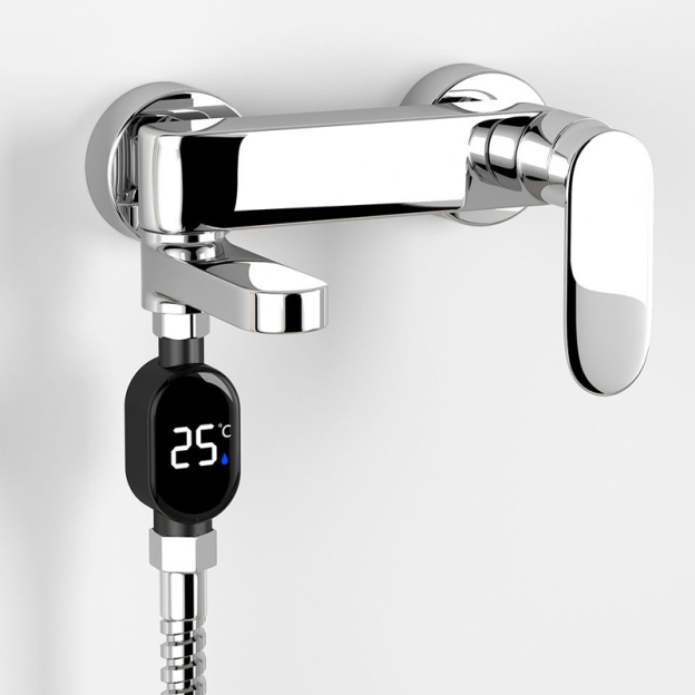 Shower head with external LED to display water temperature
