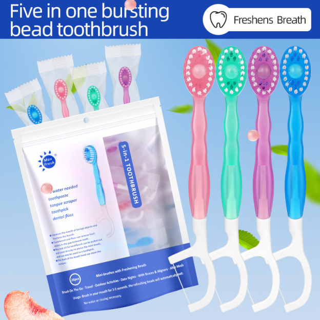 Contains double cleaning beads toothpaste and cleaning floss stick