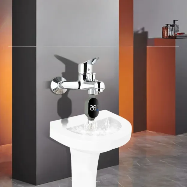 Shower head with external LED to display water temperature