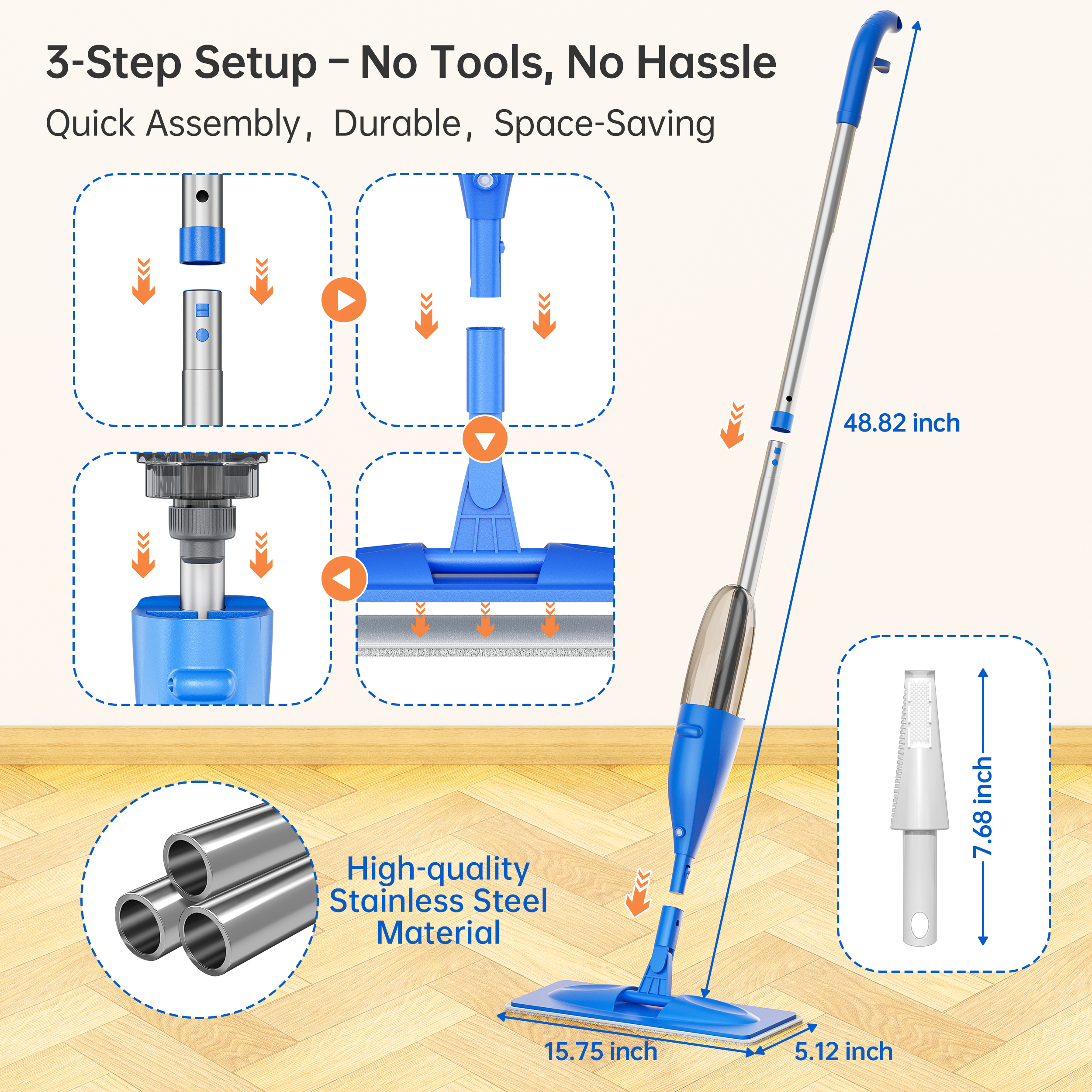 INWEIJIA Microfiber Spray Mop for Floor Cleaning, Wet & Dry Use with 3 Reusable Pads, Refillable Bottle & Multi-Functional Scraper