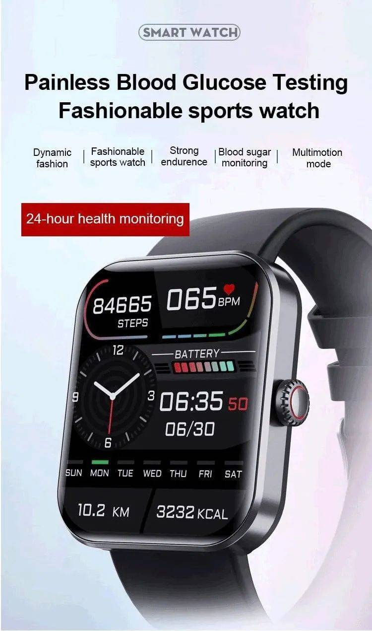 [All day monitoring of heart rate,blood sugar, and blood pressure] Bluetooth fashion watch support 24 languages
