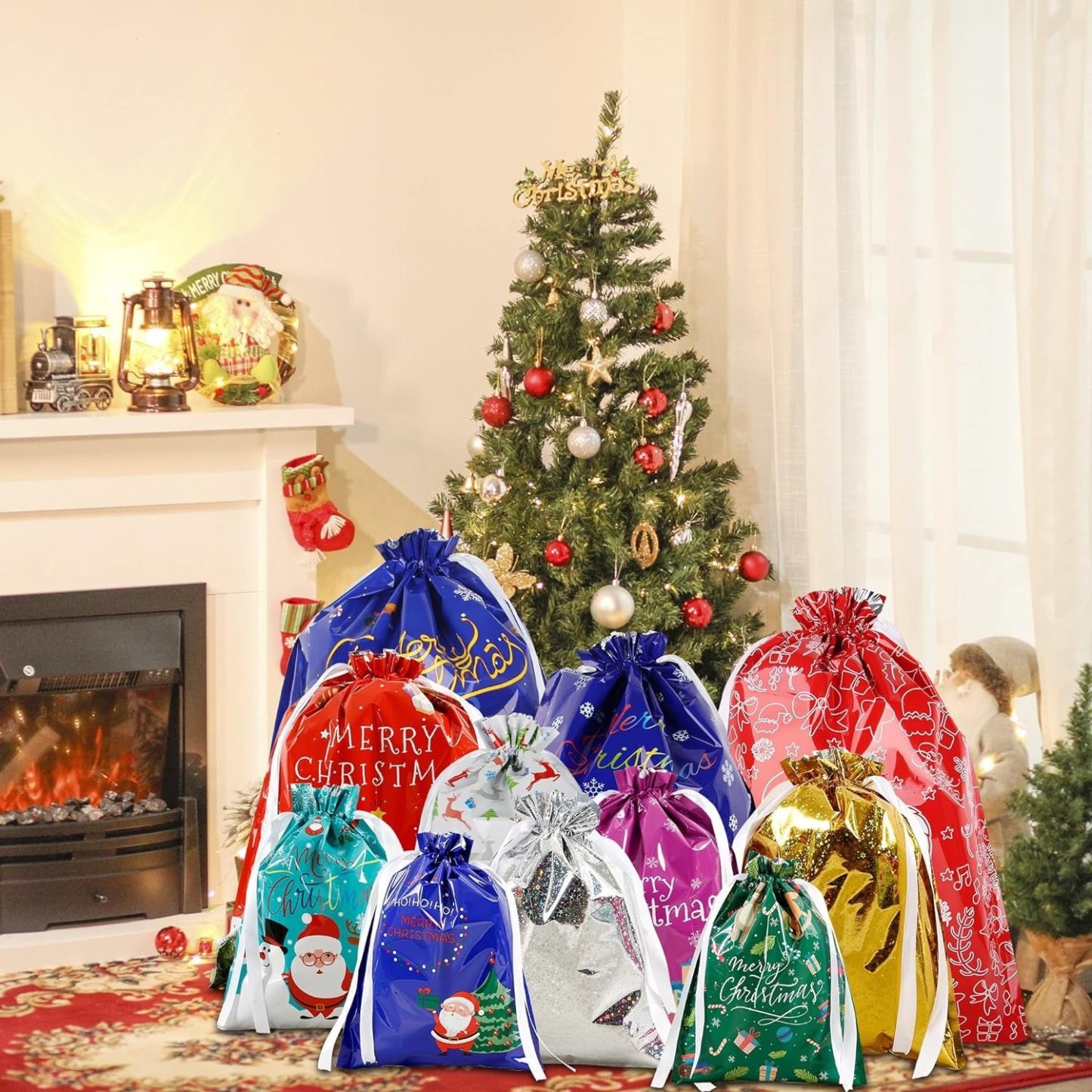 Christmas Cheer Drawstring Gift Bags - 33-Pack