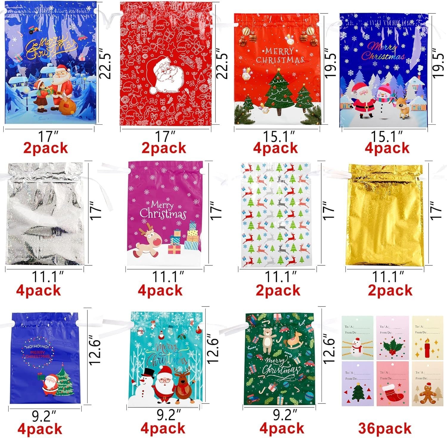 Christmas Cheer Drawstring Gift Bags - 33-Pack