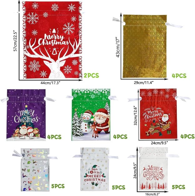 Christmas Cheer Drawstring Gift Bags - 33-Pack