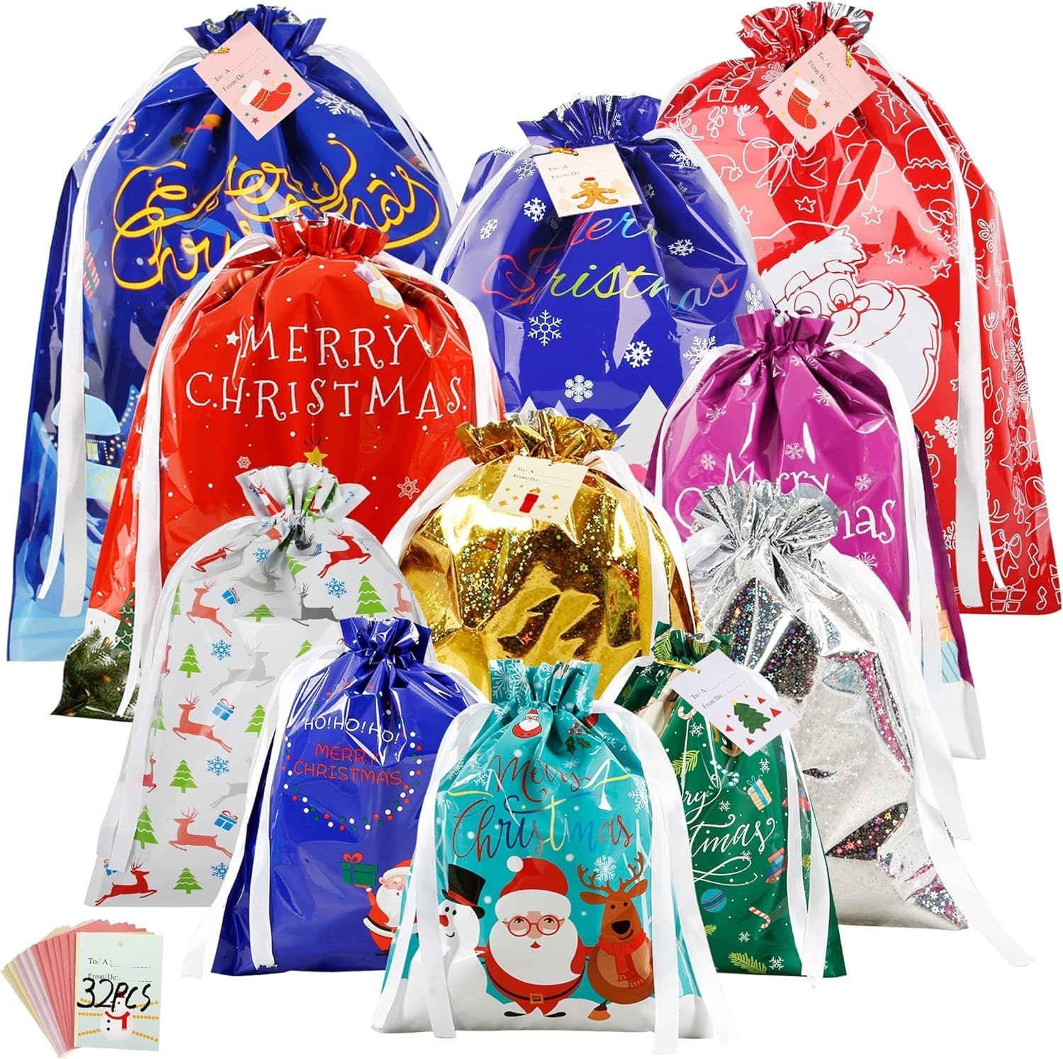Christmas Cheer Drawstring Gift Bags - 33-Pack